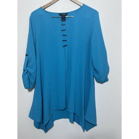 Ali Miles Lagenlook Artsy Blue Asymmetrical Hem Crinkle Tunic Top Sz Large - Picture 1 of 9